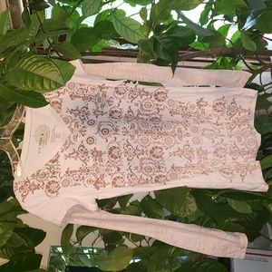 Eco Yoga Organic V Neck Long Sleeve T Shirt Organic Beige Tan Rhinestone medium